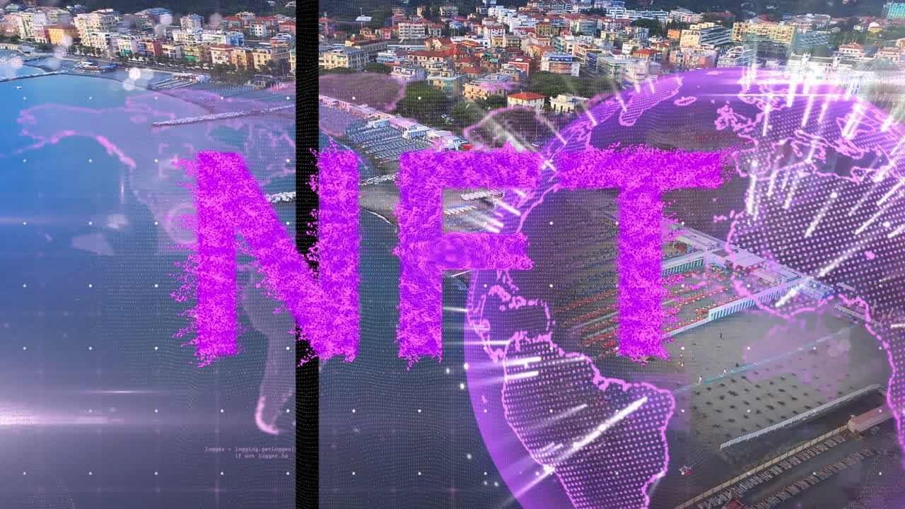 Animazione di testo NFT con globo e elaborazione dati su paesaggio urbano