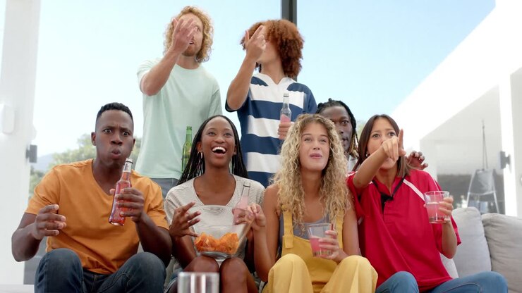Excited diverse friends with chips and drinks watching sport on tv and celebrating, slow motion
