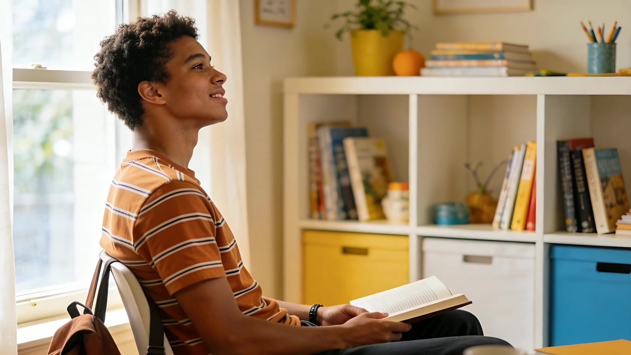 Pausing student in striped tee at home as light draws gaze, holding open-book, backpack, copy space