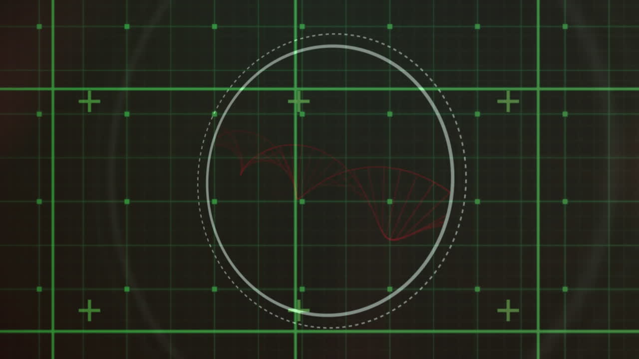 검은 바탕에 빨간 나선으로 녹색 그리드와 원형 스캐너의 애니메이션