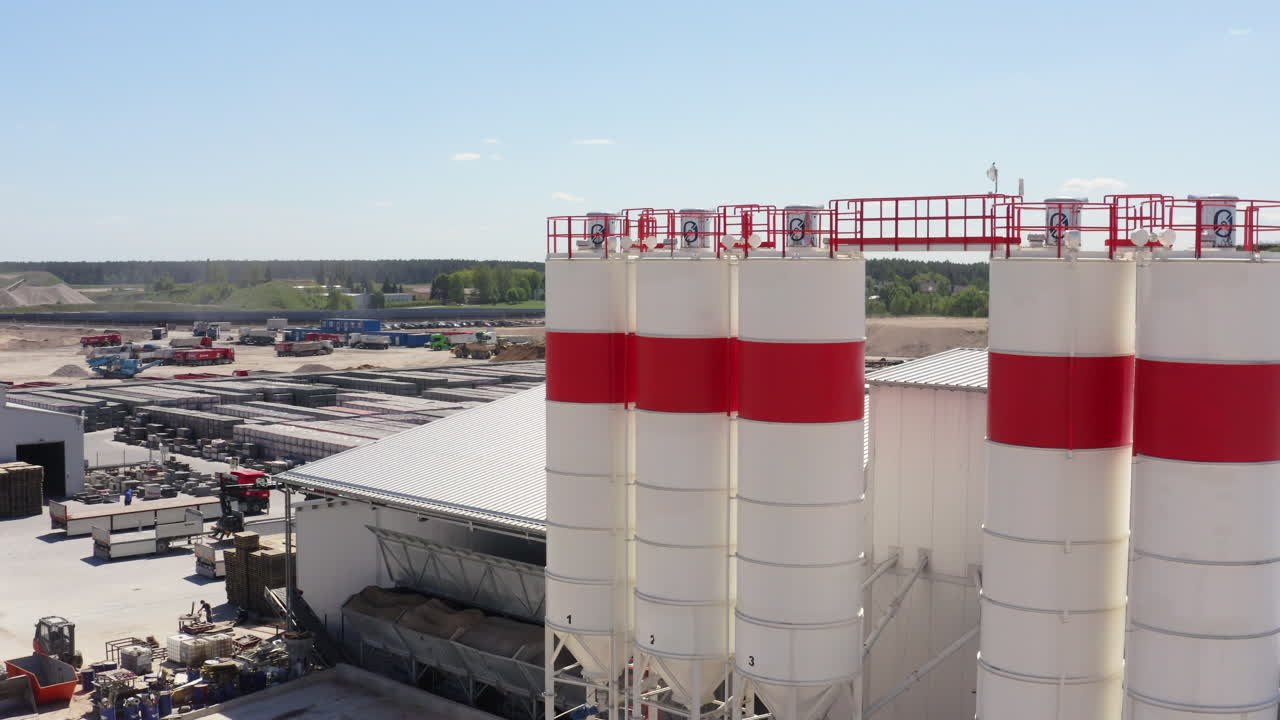 Aerial View Of Concrete Batching Plant With Cement Silos.