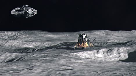 eagle lunar lander on the surface of the moon as large alien spaceship approaches