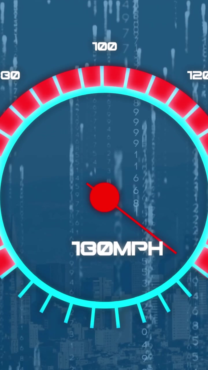 Animation of speedometer and binary coding against aerial view of cityscape