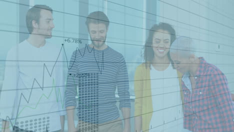 business graph animation over diverse group of people discussing in office