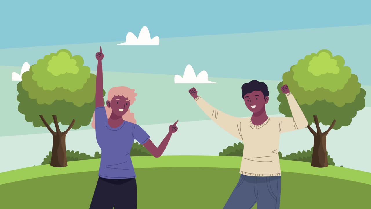 afro couple dancing characters animation