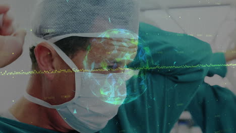 healthcare professional adjusting surgical mask in operating room, showcasing digital data globe