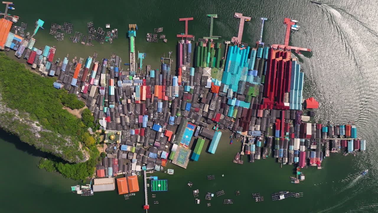 Top Down View Of Ko Panyi Fishing Village In Phang Nga Province, Thailand - Drone Shot