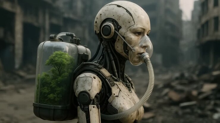 Android futuristico con bombola di ossigeno, profilo laterale in un ambiente post-apocalittico