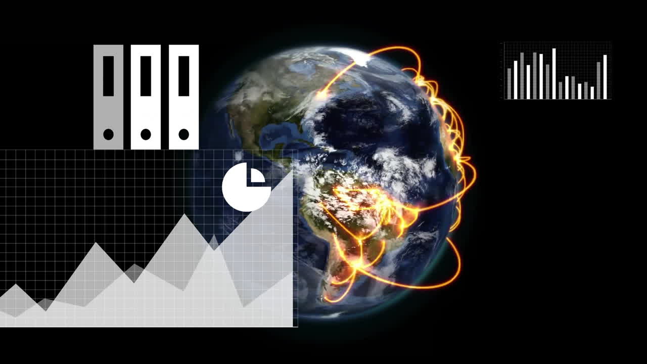 Animation von Medien-Icons und Diagrammen, die Daten über einem Globus und einem leuchtenden orangefarbenen Netzwerk auf schwarzem Hintergrund verarbeiten