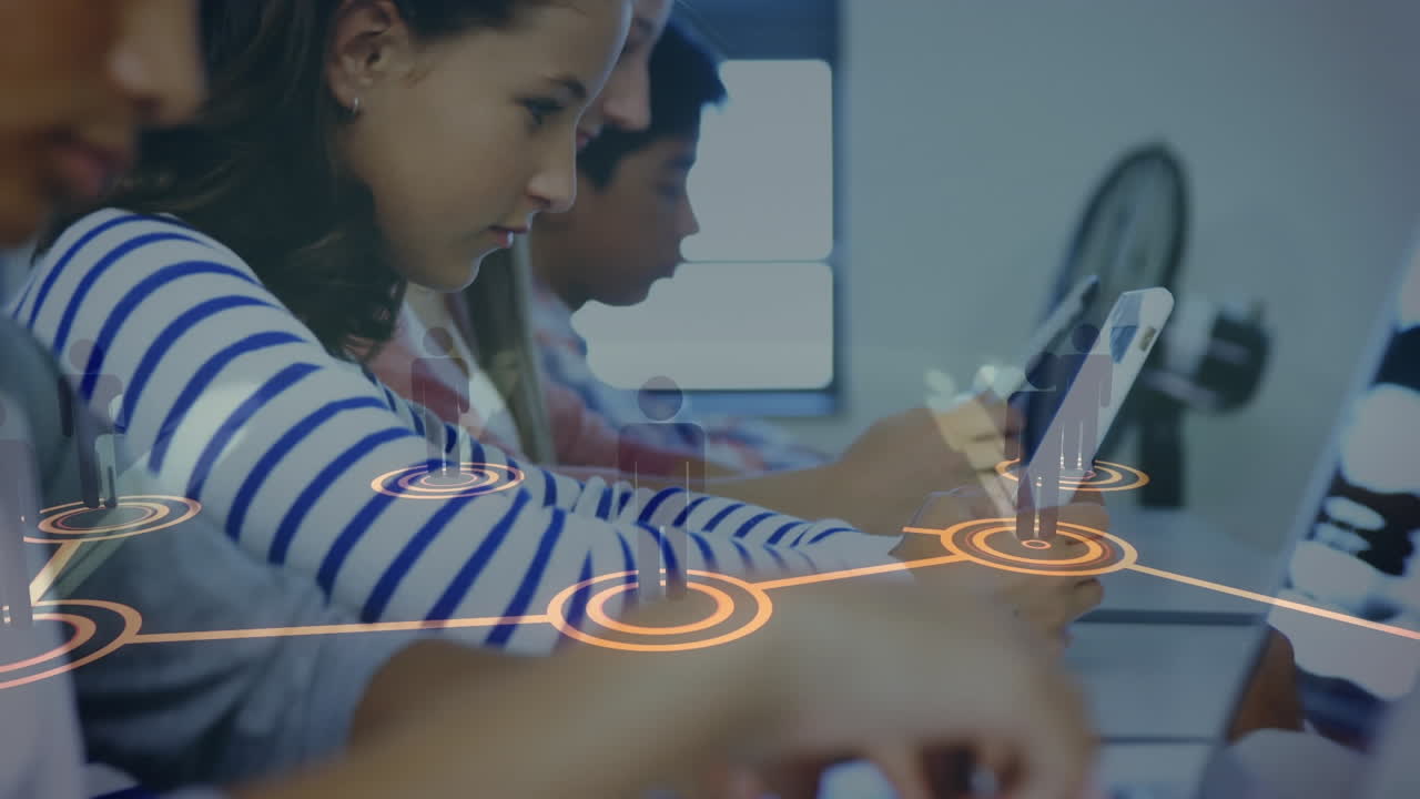 animación de la red de conexiones con iconos sobre los estudiantes en la escuela