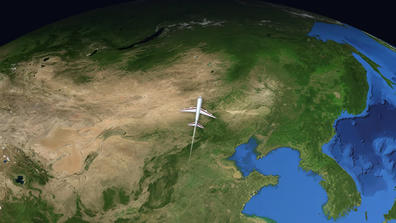 A digital airplane flies across a rotating globe from Guangzhou to New York City