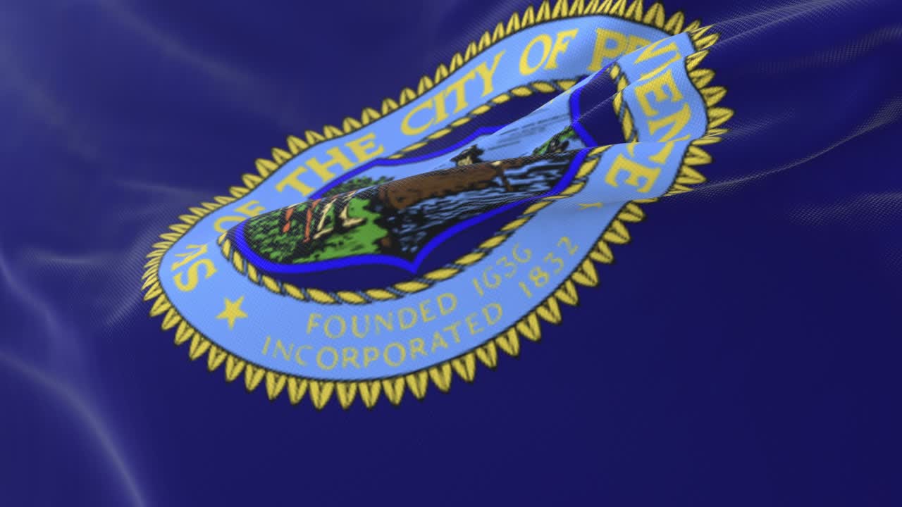 Flag of Providence city, Rhode Island, United States, waving at wind, slow. Loop