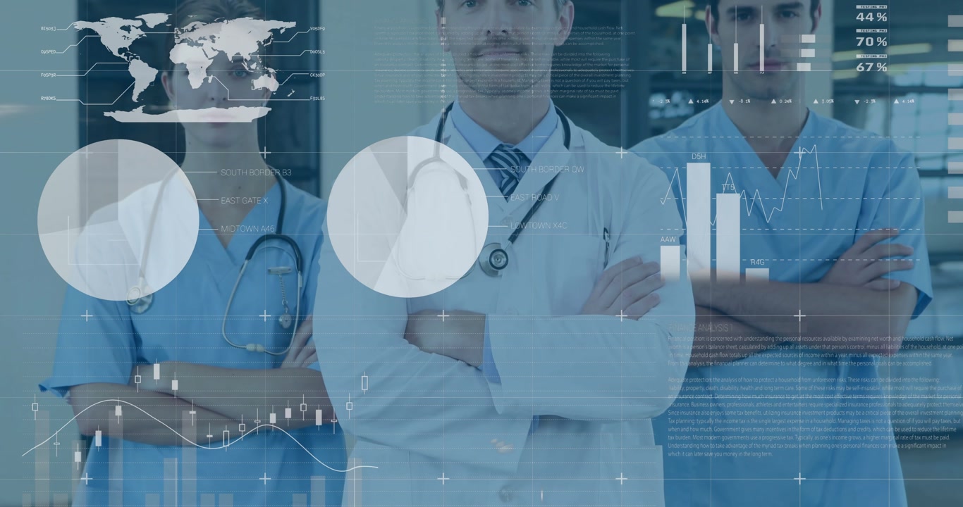 Medical team standing in corridor overlay appearing animating data charts and world map for health