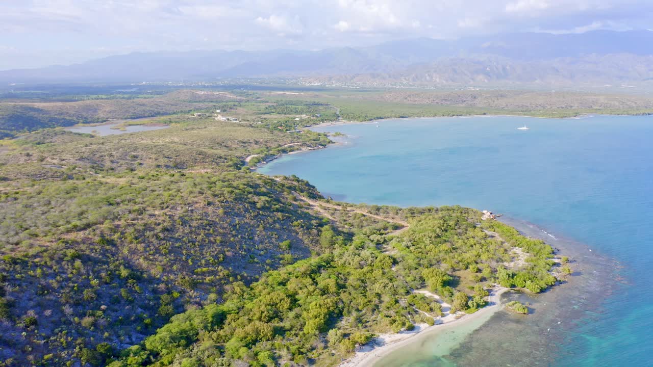 Aerial view of remote Caribbean beach on Dominican coastline