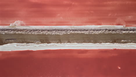 aerial view of a pink salt lake