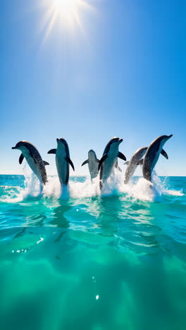 dolphins leaping and splashing in the clear blue ocean under a bright sun