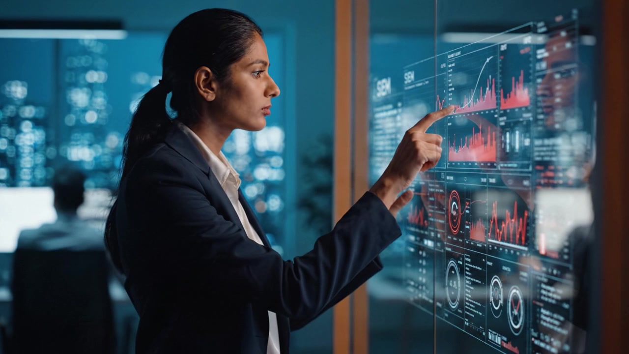 Una donna in tailleur analizza dati e visualizzazioni su un display touchscreen in un ufficio moderno di notte, evidenziando intuizioni e tendenze nei dati.