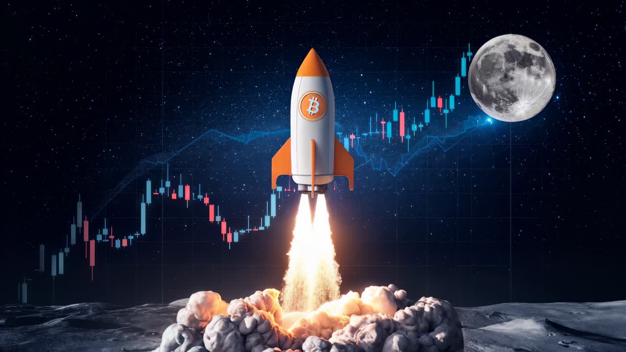 Un razzo viene lanciato verso la luna, accompagnato da un grafico che traccia il mercato azionario