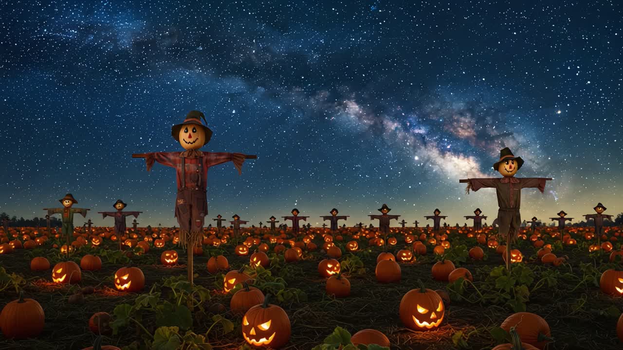 A Spooktacular Night: Scarecrows Stand Vigil Over a Pumpkin Patch Under a Starry Sky, Illuminated by the Milky Way in a Captivating Halloween Landscape