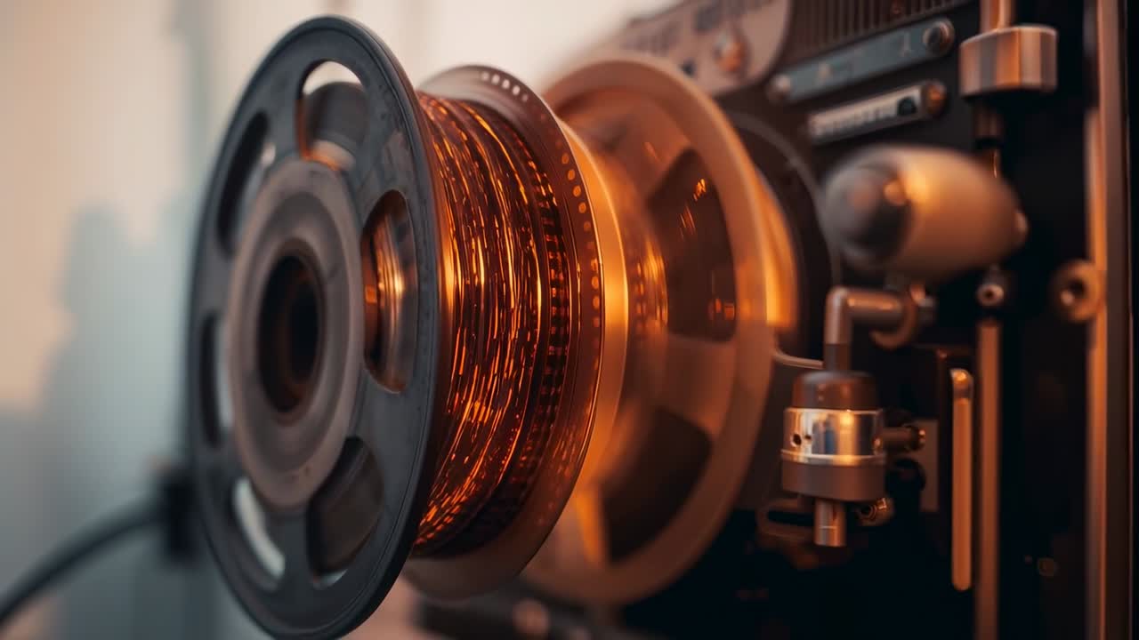 Projektor einschalten, Aufwickelspule drehen, Film in einem dunklen Raum vorwärtsbewegen, Zahnlöcher zeigen