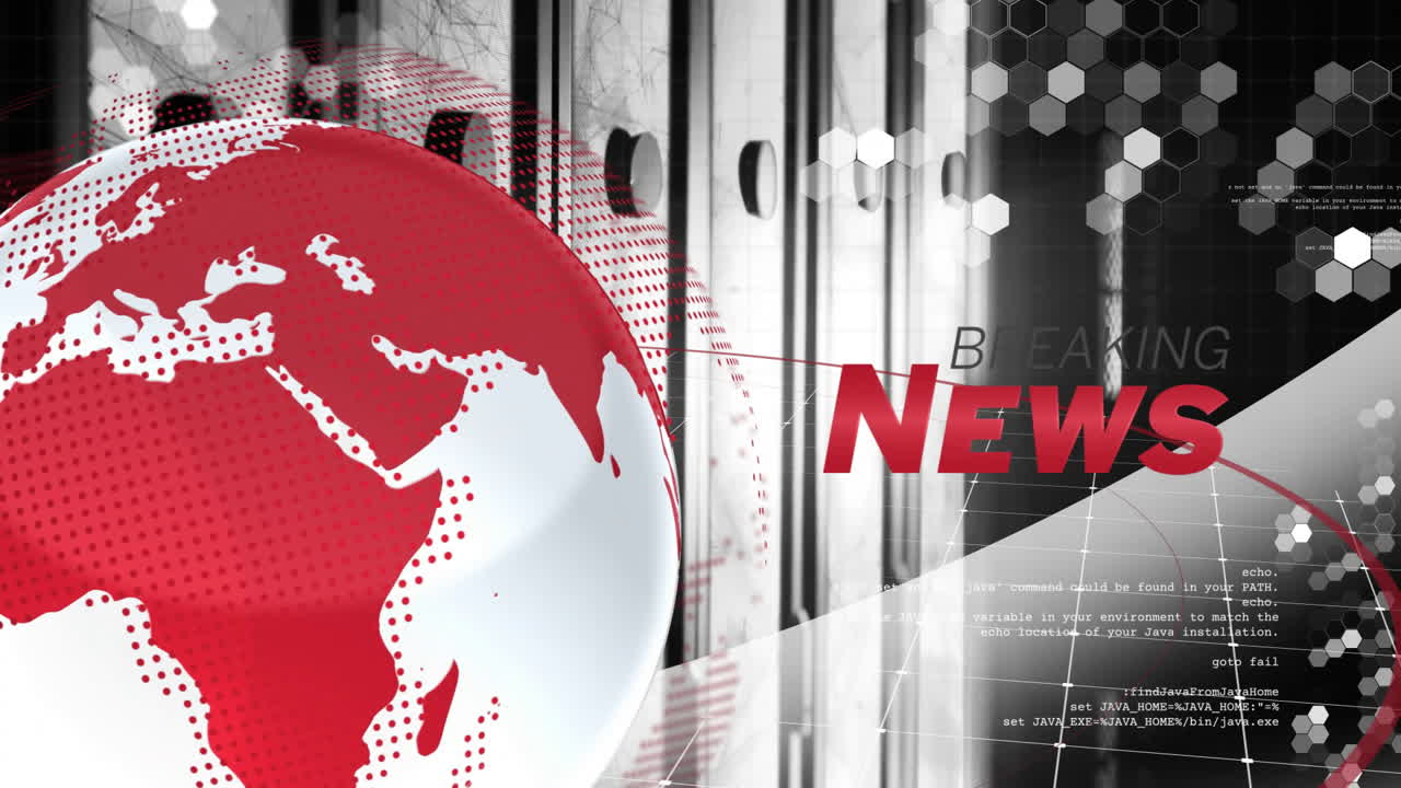 Breaking News animation on red globe with digital hexagonal patterns in background