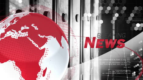 breaking news animation on red globe with digital hexagonal patterns in background