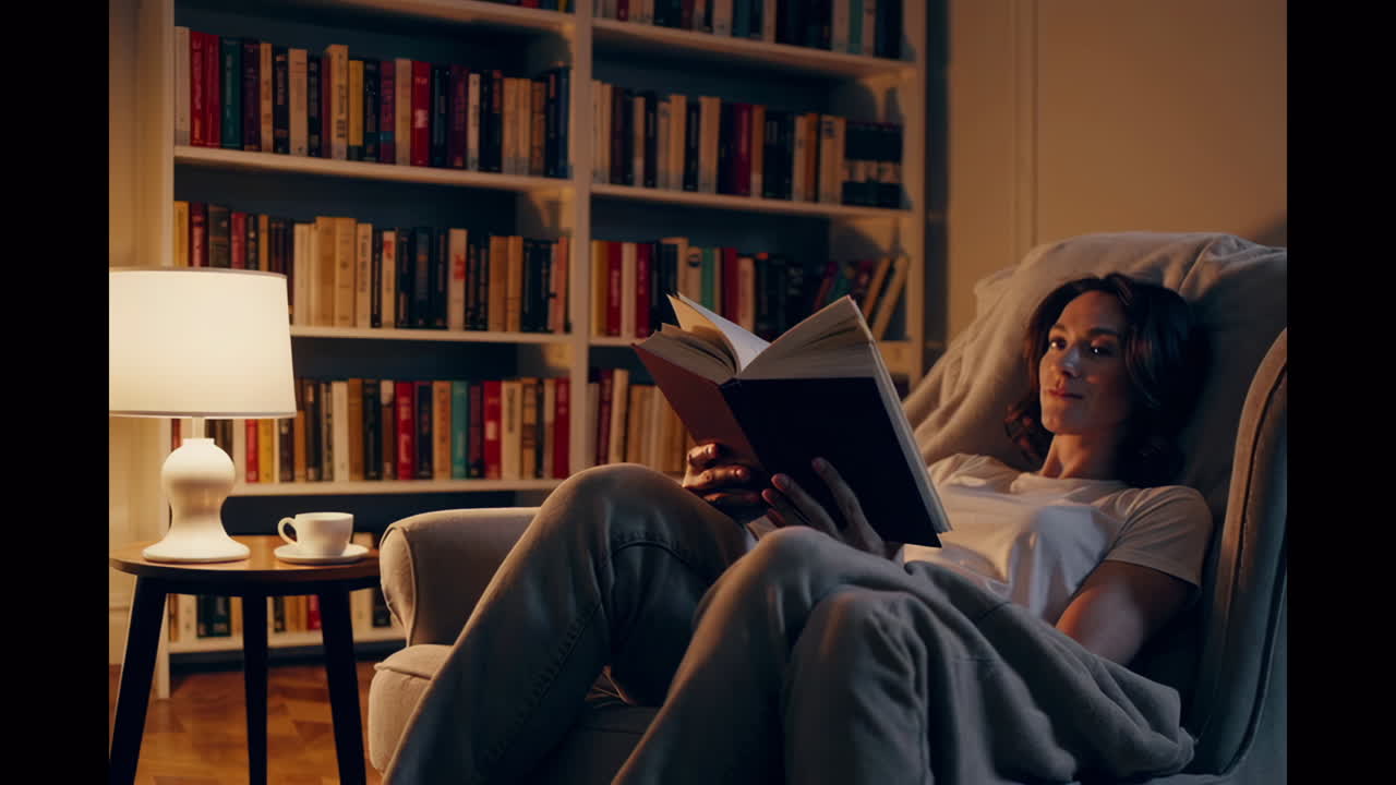 Woman Reading in a Cozy Home Library at Night