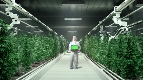 full body of asian marijuana researcher smiling and showing green screen laptop to camera while standing in the marijuana greenhouse with smart robotic farmers