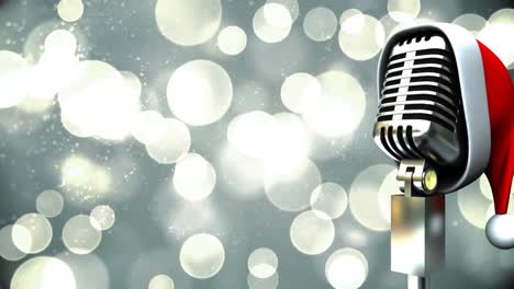 Animation-of-rerto-microphone-with-santa-hat-over-shining-bokeh