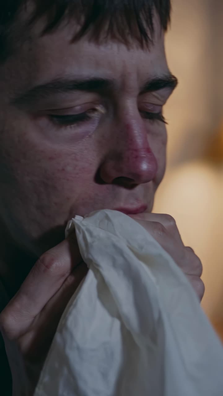 Vídeo em close-up de uma pessoa segurando um lenço de papel, capturando um momento emocionante com iluminação suave.