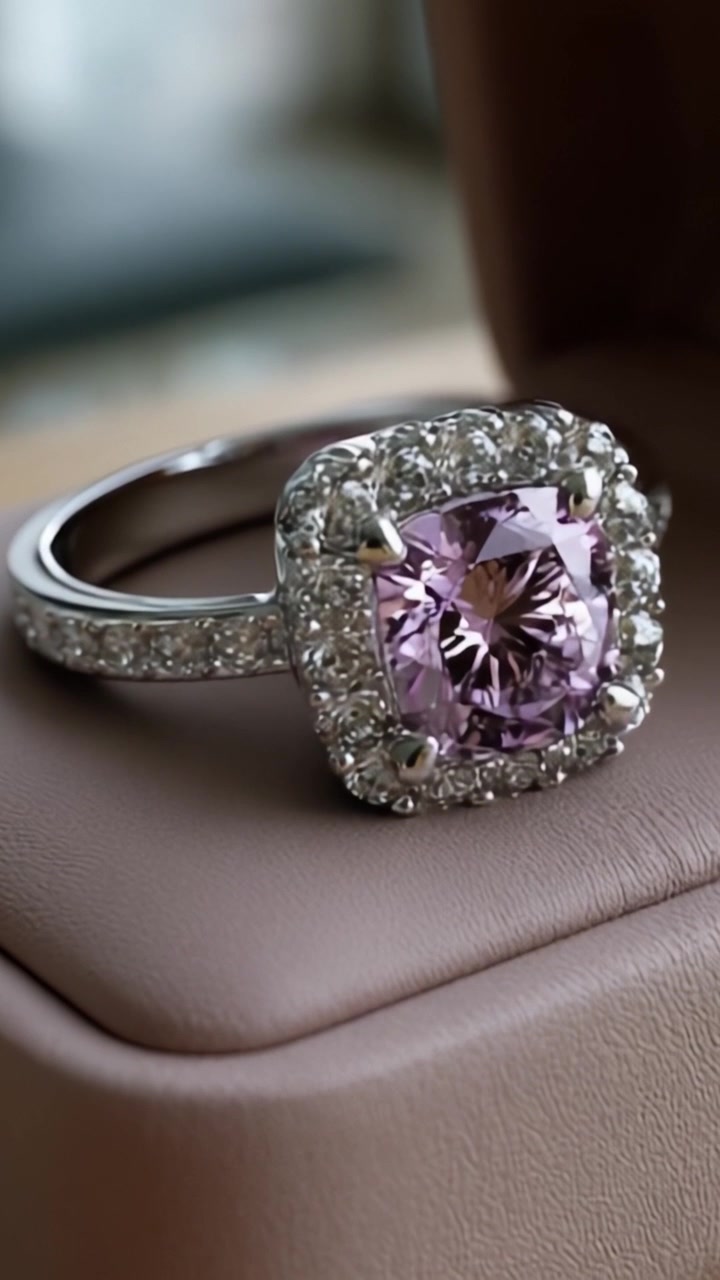 Elegante anello color lavanda: un gioiello scintillante che presenta una gemma viola scintillante circondata da diamanti brillanti, perfetto per ogni occasione speciale o come pezzo distintivo.