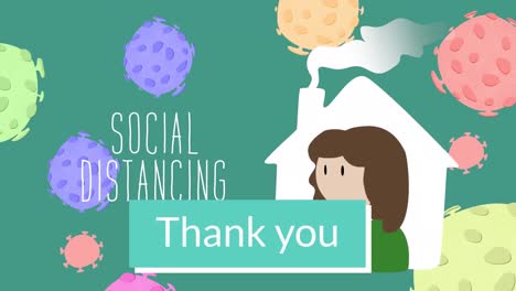 animation of social distancing text and covid 19 cells floating over woman and house