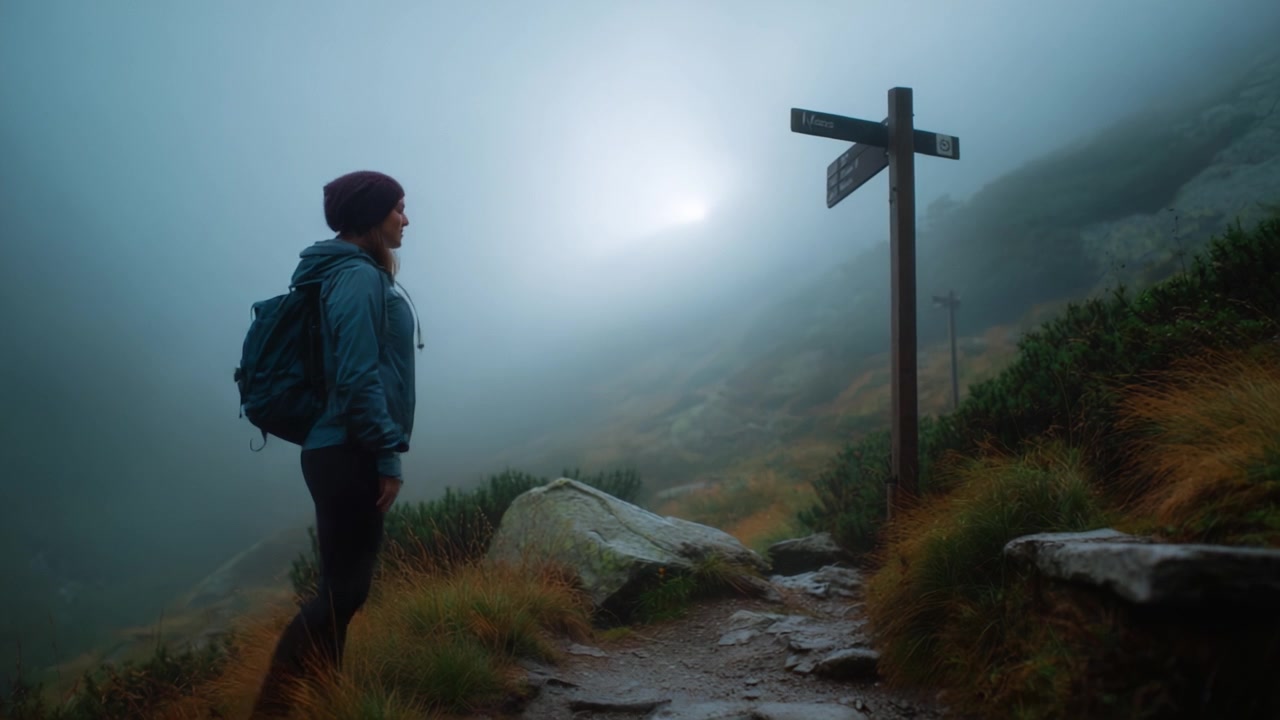 A lone hiker pauses at a misty trail junction, contemplating the path ahead as fog envelops the serene landscape under a mysterious, soft light.