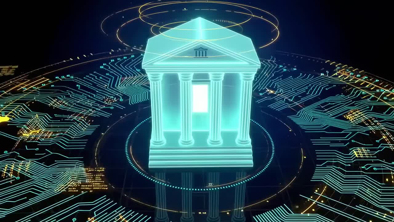 Futuristic video concept of a glowing digital bank, top-down angle, circuit patterns