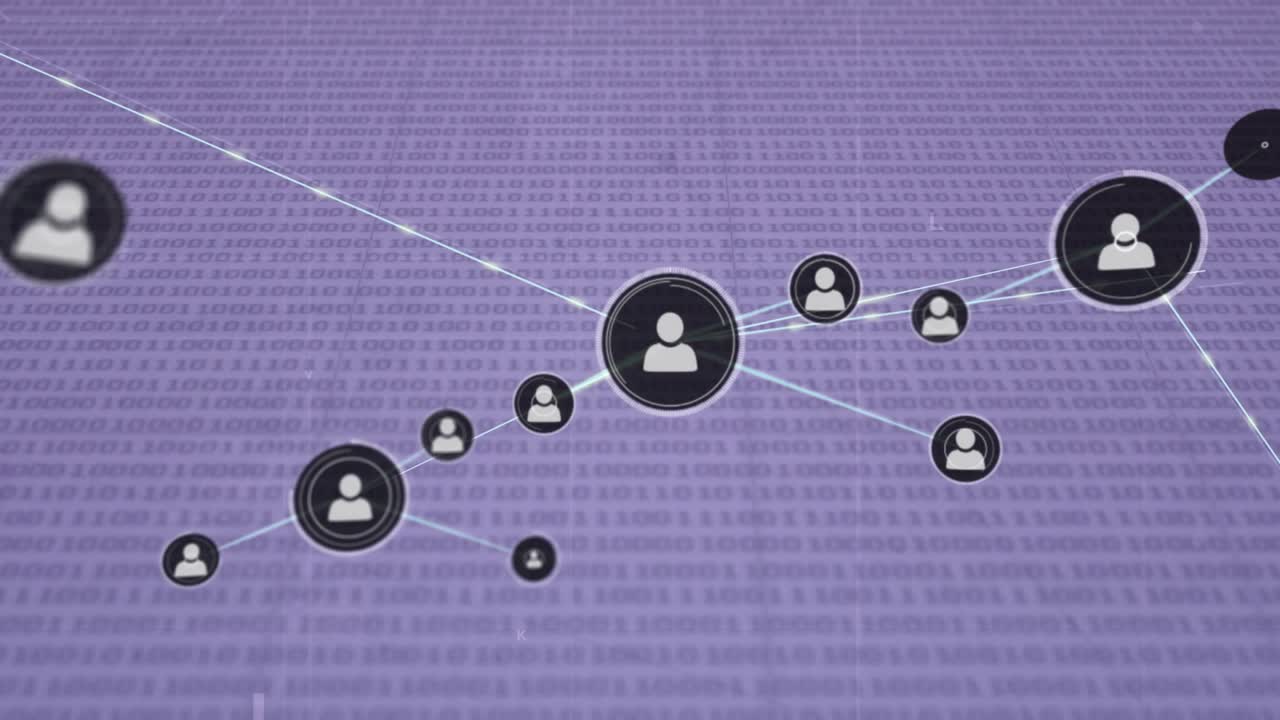 Animation of network of connections with icons over data processing on purple background