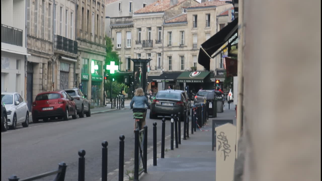A European city street with cars and pedestrians
