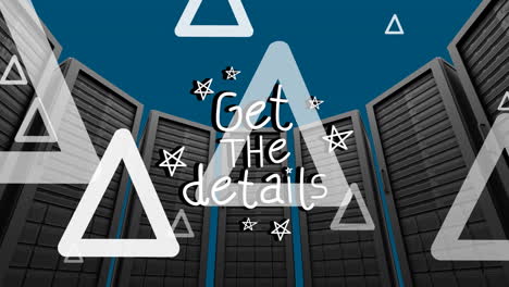 animation of get the details text with shapes over server room