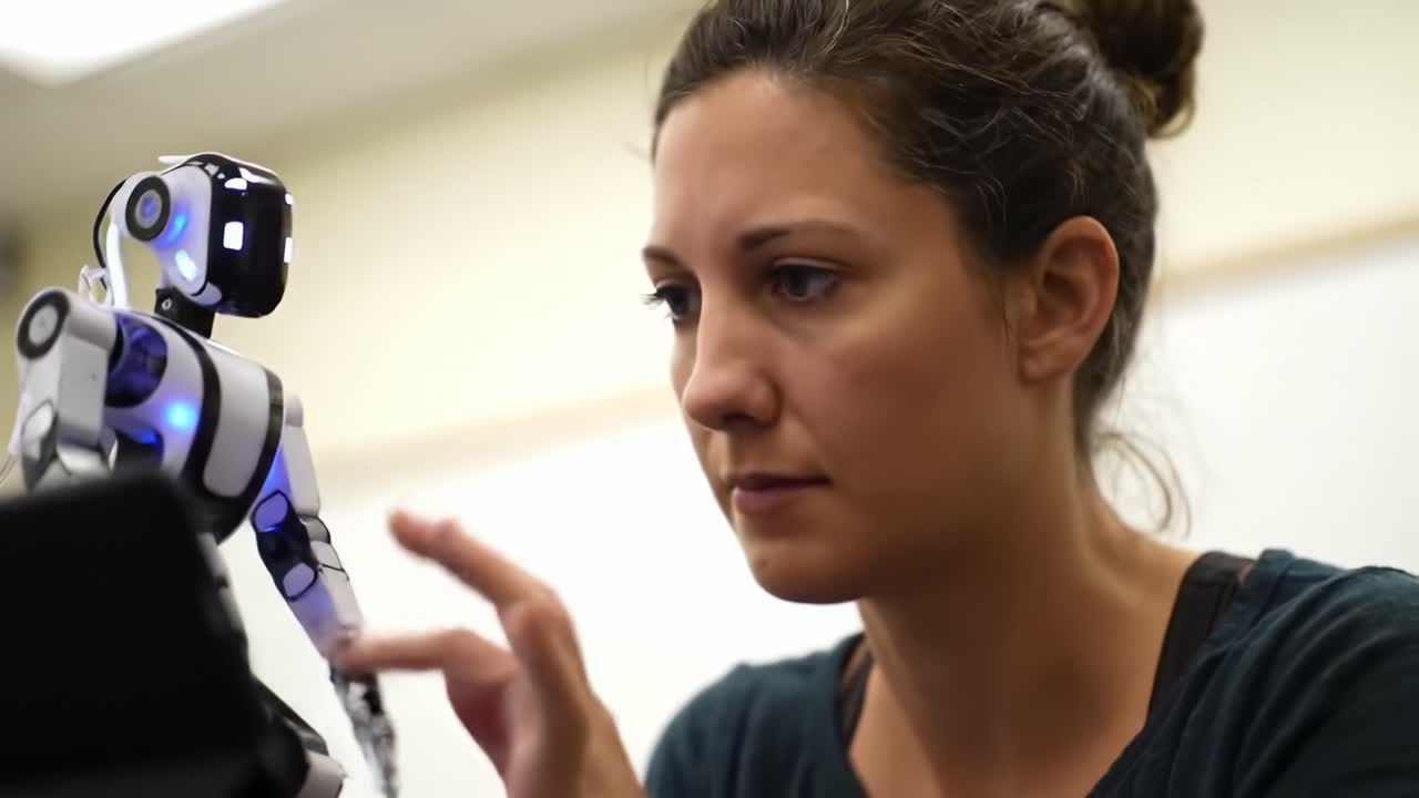 Engaging Interaction Between Human and Robot: A Close-Up of a Woman Collaborating with a Small Humanoid Robot in a Learning Environment