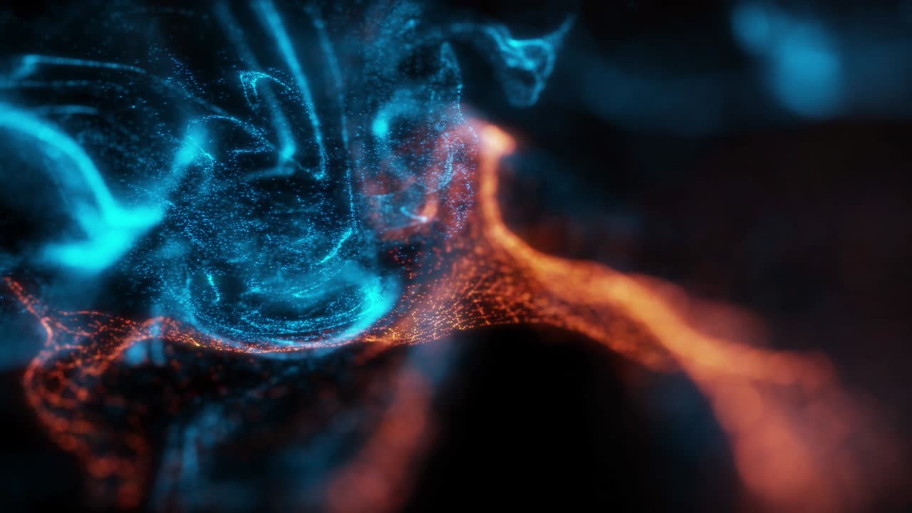Abstract Macro slow motion shot of Blue and Orange Particle Fluid isolated on black.