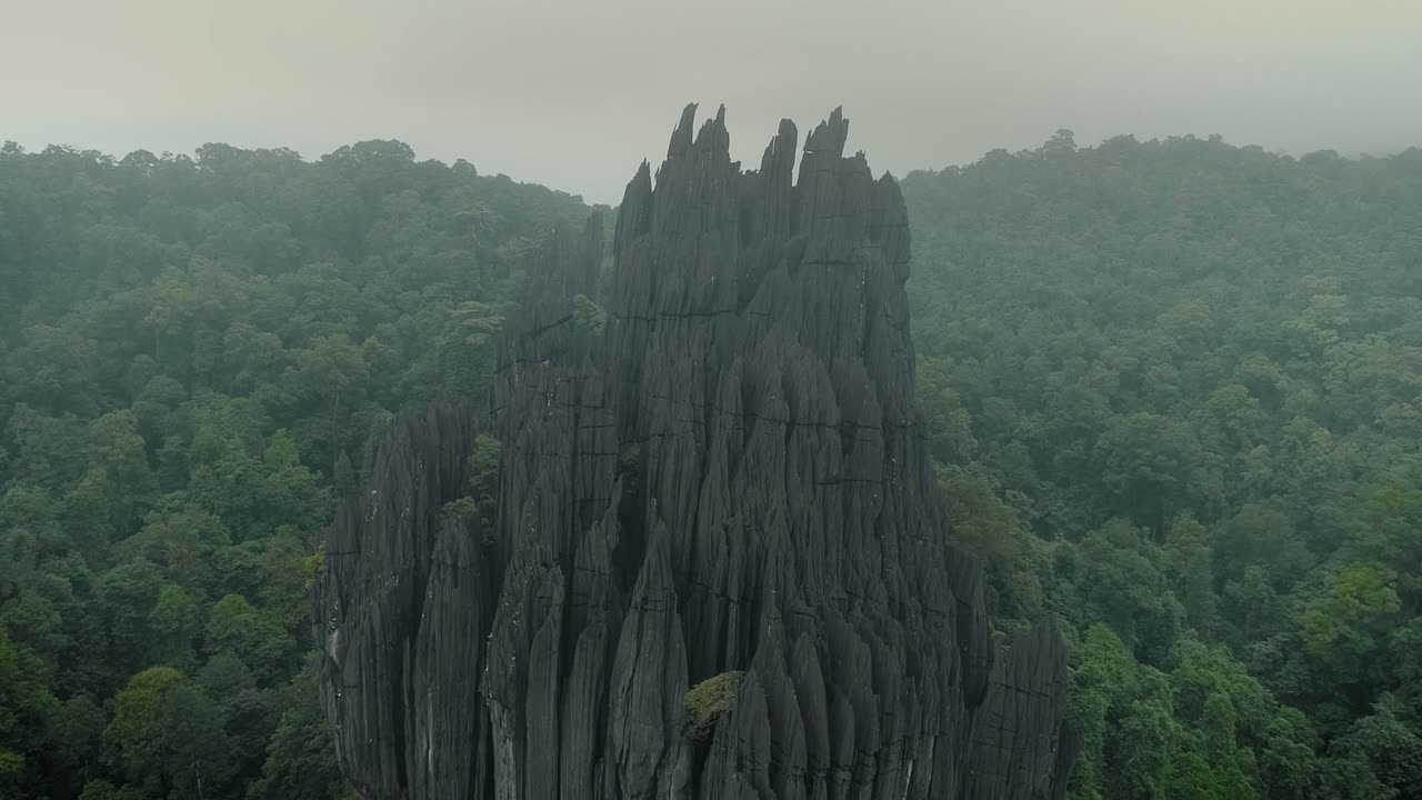 enorme monolito de roca en los bosques de la aldea de yana, en karnataka, india, bajo la niebla