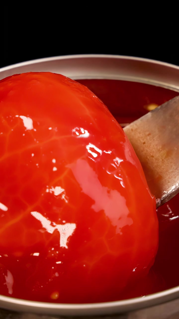Una forchetta di metallo solleva un pomodoro pelato intero da una lattina di salsa di pomodoro e lo fa ricadere, provocando schizzi sotto una brillante illuminazione da studio.