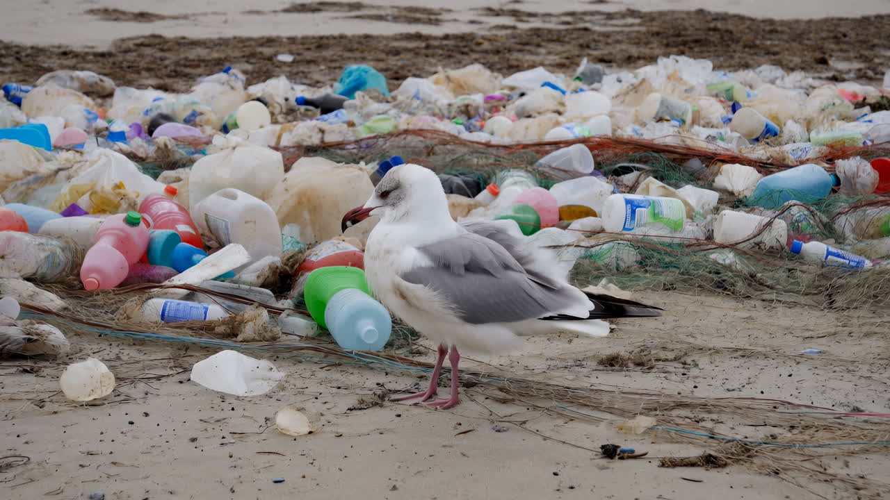 Seagull On Plasticstrewn Beach Amid Debris. Grey And White Seagull Foraging Among Colorful Plastic Bottles,