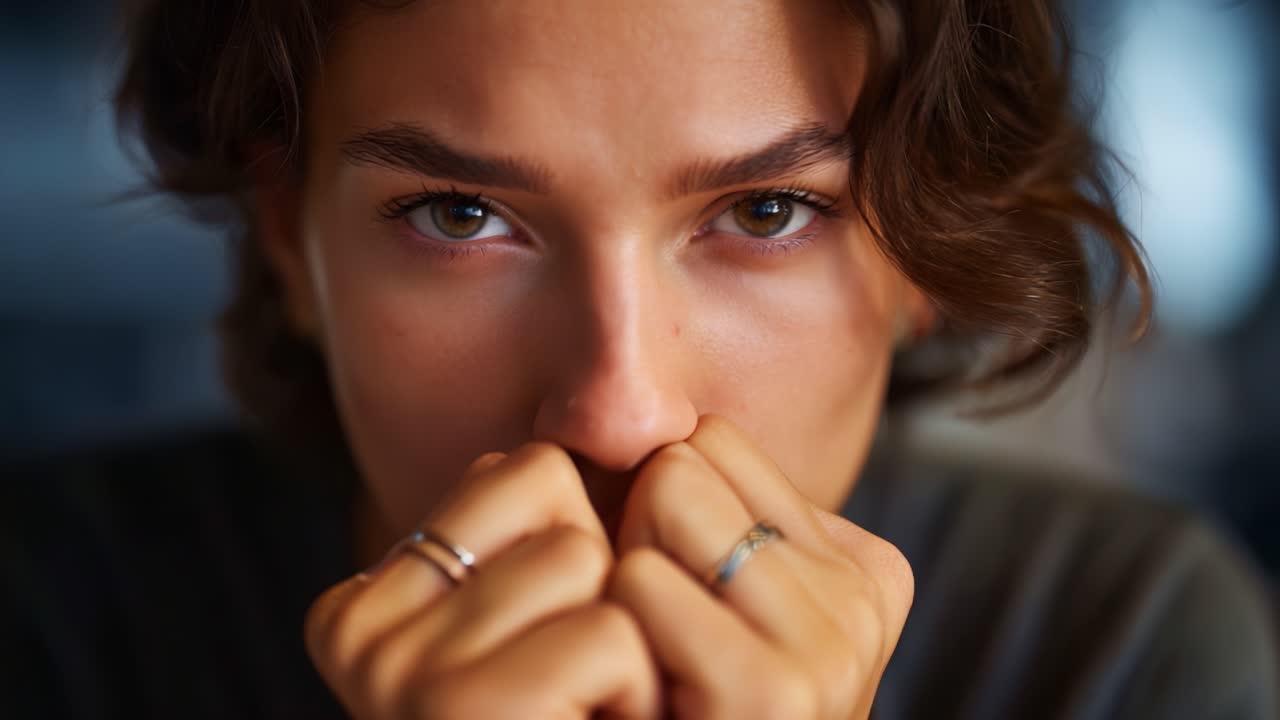 Primo piano intenso di un individuo pensieroso con sguardo concentrato e un leggero movimento dei capelli, che cattura la profondità delle emozioni e la contemplazione in un momento di riflessione