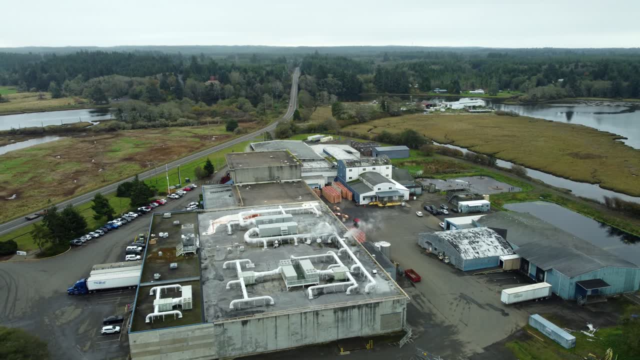 US, WA, Markham, 2025-10-28 - Drone view of the Ocean Spray Cranberry factory