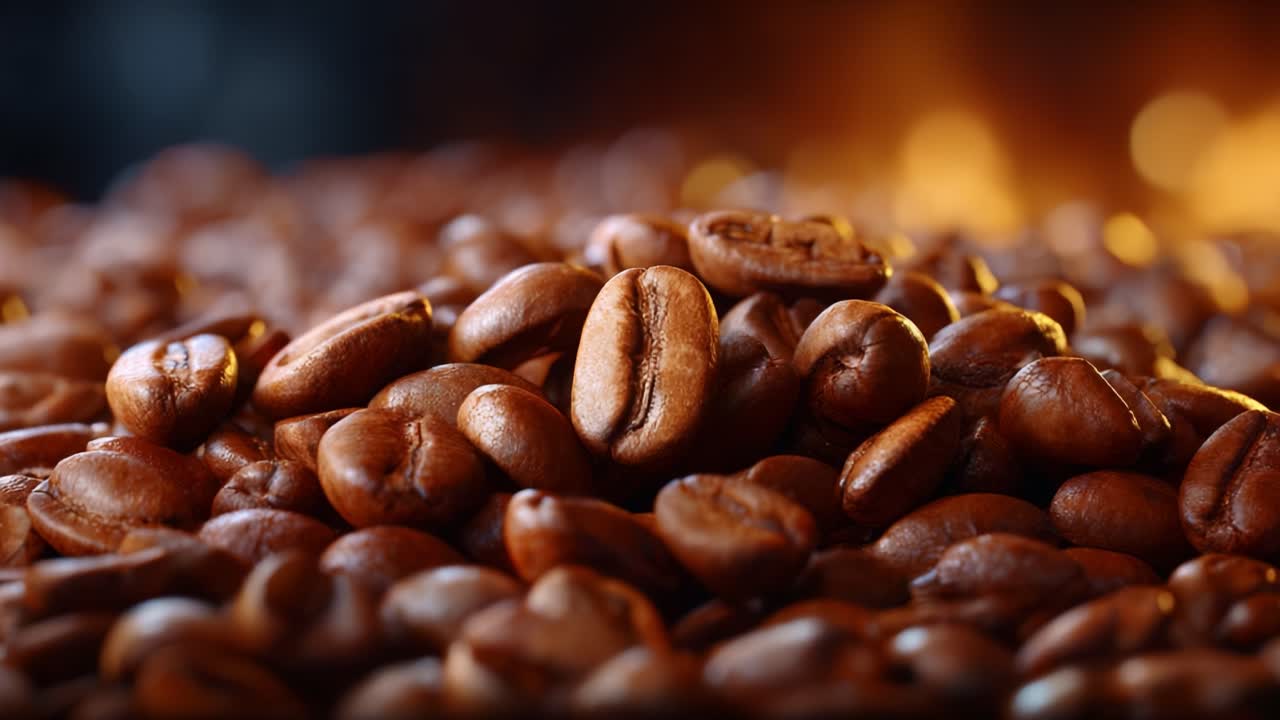 Nærbillede af glimtende kaffebønner stablet sammen i en kunstnerisk udstilling, der viser deres rige farve og tekstur, perfekt til kaffeentusiaster og -elskere