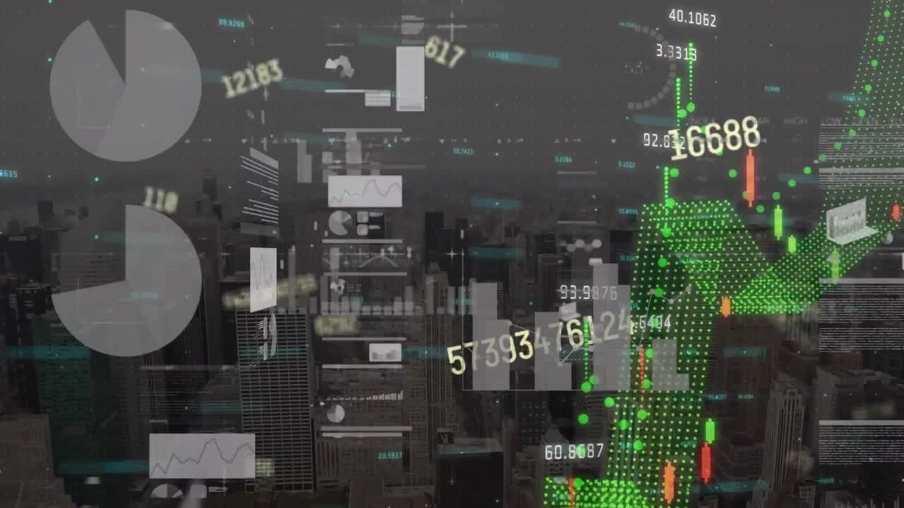 현대 도시 에 대한 공중 사진 을 통해 그래프 와 변화 하는 숫자 를 가진 원형 패턴 의 애니메이션
