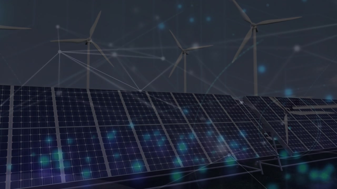 Animation of network of connections and dots over solar panels