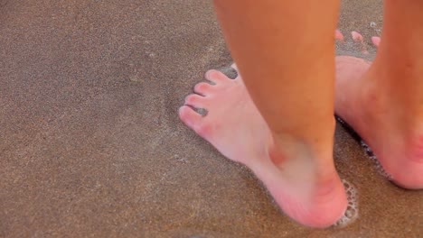 womans feet standing and walking in the wet sand