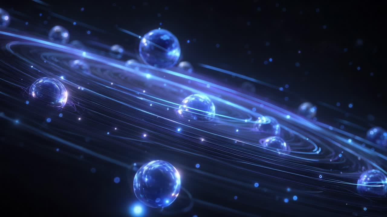 Blue neon spheres and luminous rings rotating in a cosmic spiral on a dark background, representing a mesmerizing journey through a futuristic, digital universe or a subatomic quantum structure