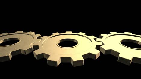 old mechanism of the gold three gears is turning . black background. close up. alpha channel